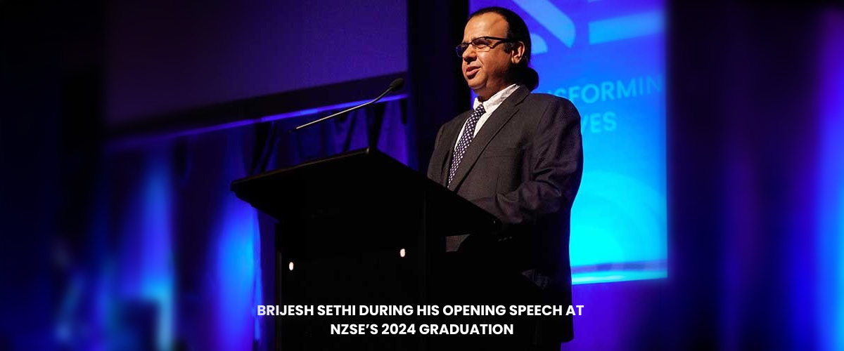 Founder making speech at student graduation 2024 NZSE